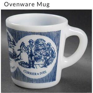 Vintage Currier & Ives Glassbake Blue and White Milk Glass Mugs 5 Available